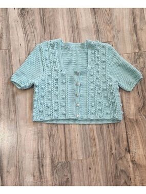 Cropped hand Knit Button-Front Sweater Cardigan in Sea Green